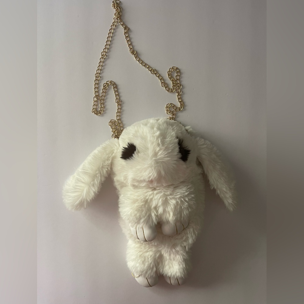 White and Gold Plush Bunny Keychain with Floppy Ears